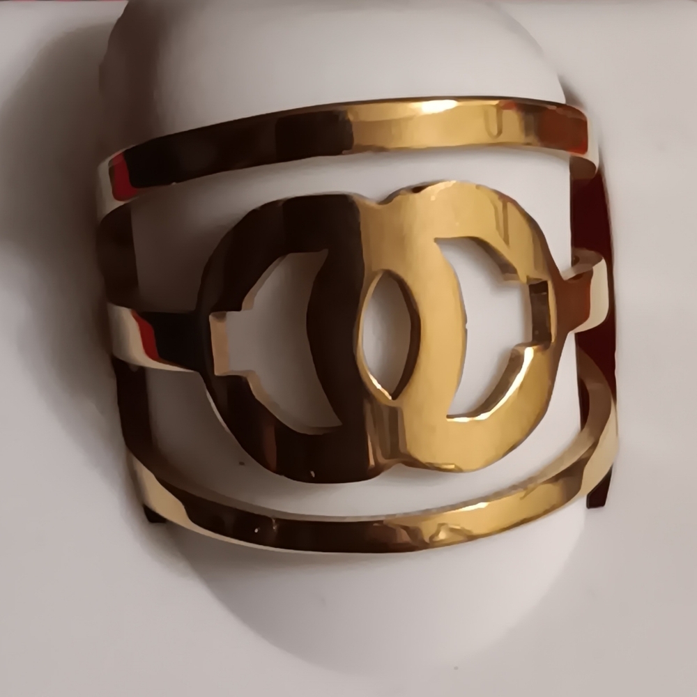 CC Double C Logo Gold Tone Designer Stainless Steel Ring Adjustable